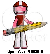 Poster, Art Print Of Pink Football Player Man Writer Or Blogger Holding Large Pencil