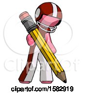 Poster, Art Print Of Pink Football Player Man Writing With Large Pencil