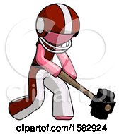 Poster, Art Print Of Pink Football Player Man Hitting With Sledgehammer Or Smashing Something At Angle