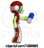 Poster, Art Print Of Green Football Player Man Holding Blue Pill Walking To Right