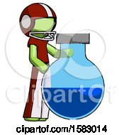 Poster, Art Print Of Green Football Player Man Standing Beside Large Round Flask Or Beaker