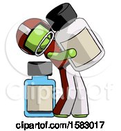 Poster, Art Print Of Green Football Player Man Holding Large White Medicine Bottle With Bottle In Background