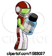Green Football Player Man Holding Glass Medicine Bottle