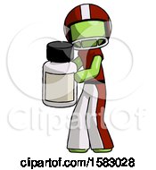 Green Football Player Man Holding White Medicine Bottle