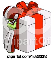Poster, Art Print Of Green Football Player Man Leaning On Gift With Red Bow Angle View