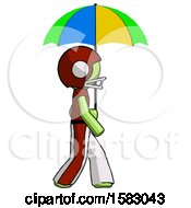 Poster, Art Print Of Green Football Player Man Walking With Colored Umbrella