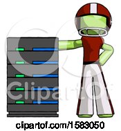 Poster, Art Print Of Green Football Player Man With Server Rack Leaning Confidently Against It