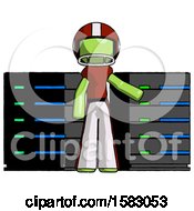 Poster, Art Print Of Green Football Player Man With Server Racks In Front Of Two Networked Systems