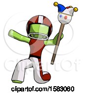 Poster, Art Print Of Green Football Player Man Holding Jester Staff Posing Charismatically