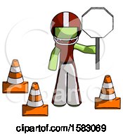 Poster, Art Print Of Green Football Player Man Holding Stop Sign By Traffic Cones Under Construction Concept