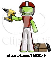 Poster, Art Print Of Green Football Player Man Holding Drill Ready To Work Toolchest And Tools To Right