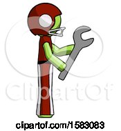 Green Football Player Man Using Wrench Adjusting Something To Right