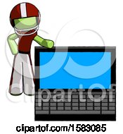 Green Football Player Man Beside Large Laptop Computer Leaning Against It