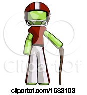 Green Football Player Man Standing With Hiking Stick