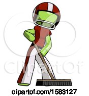 Poster, Art Print Of Green Football Player Man Cleaning Services Janitor Sweeping Floor With Push Broom