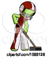 Poster, Art Print Of Green Football Player Man Cleaning Services Janitor Sweeping Side View