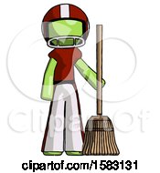 Green Football Player Man Standing With Broom Cleaning Services