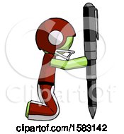 Poster, Art Print Of Green Football Player Man Posing With Giant Pen In Powerful Yet Awkward Manner