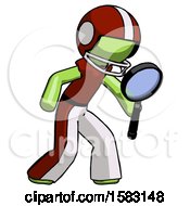 Poster, Art Print Of Green Football Player Man Inspecting With Large Magnifying Glass Right