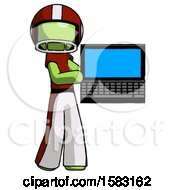 Poster, Art Print Of Green Football Player Man Holding Laptop Computer Presenting Something On Screen
