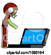 Poster, Art Print Of Green Football Player Man Using Large Laptop Computer Side Orthographic View
