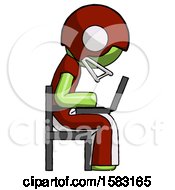 Poster, Art Print Of Green Football Player Man Using Laptop Computer While Sitting In Chair View From Side