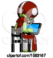 Poster, Art Print Of Green Football Player Man Using Laptop Computer While Sitting In Chair View From Back