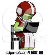 Poster, Art Print Of Green Football Player Man Using Laptop Computer While Sitting In Chair Angled Right