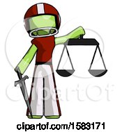 Poster, Art Print Of Green Football Player Man Justice Concept With Scales And Sword Justicia Derived