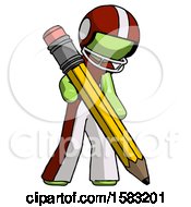 Poster, Art Print Of Green Football Player Man Writing With Large Pencil