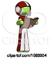 Poster, Art Print Of Green Football Player Man Reading Book While Standing Up Facing Away