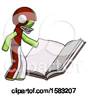 Poster, Art Print Of Green Football Player Man Reading Big Book While Standing Beside It