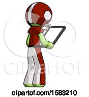 Poster, Art Print Of Green Football Player Man Looking At Tablet Device Computer Facing Away