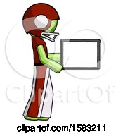Poster, Art Print Of Green Football Player Man Show Tablet Device Computer To Viewer Blank Area