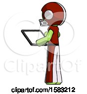 Poster, Art Print Of Green Football Player Man Looking At Tablet Device Computer With Back To Viewer