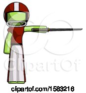 Poster, Art Print Of Green Football Player Man Standing With Ninja Sword Katana Pointing Right
