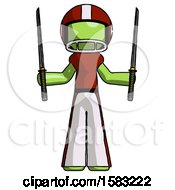 Green Football Player Man Posing With Two Ninja Sword Katanas Up