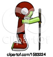 Poster, Art Print Of Green Football Player Man Kneeling With Ninja Sword Katana Showing Respect