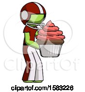 Poster, Art Print Of Green Football Player Man Holding Large Cupcake Ready To Eat Or Serve