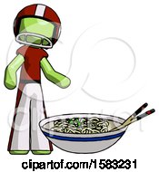 Green Football Player Man And Noodle Bowl Giant Soup Restaraunt Concept