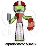 Green Football Player Man Holding Large Steak With Butcher Knife