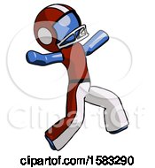 Poster, Art Print Of Blue Football Player Man Running Away In Hysterical Panic Direction Right