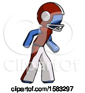 Poster, Art Print Of Blue Football Player Man Suspense Action Pose Facing Right