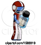 Blue Football Player Man Holding Glass Medicine Bottle