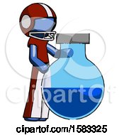 Poster, Art Print Of Blue Football Player Man Standing Beside Large Round Flask Or Beaker
