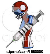 Poster, Art Print Of Blue Football Player Man Using Syringe Giving Injection