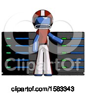 Poster, Art Print Of Blue Football Player Man With Server Racks In Front Of Two Networked Systems
