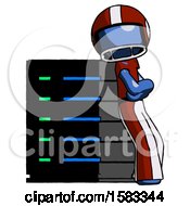 Poster, Art Print Of Blue Football Player Man Resting Against Server Rack Viewed At Angle