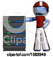 Blue Football Player Man With Server Rack Leaning Confidently Against It