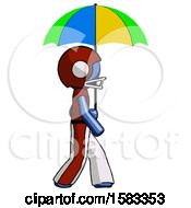 Poster, Art Print Of Blue Football Player Man Walking With Colored Umbrella